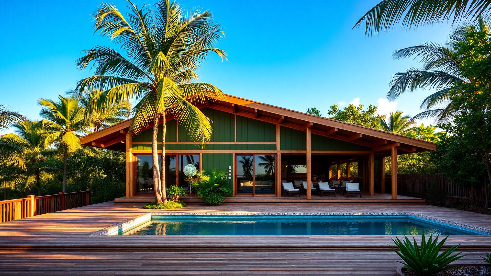 Maison à ossature bois en Guadeloupe avec terrasse et végétation tropicale
